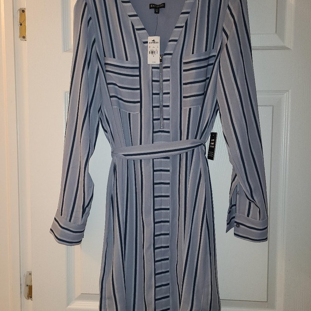 Express Shirt Dress Blue & Gray Vertical Stripe V Neck Long Sleeve Sz M NWT
